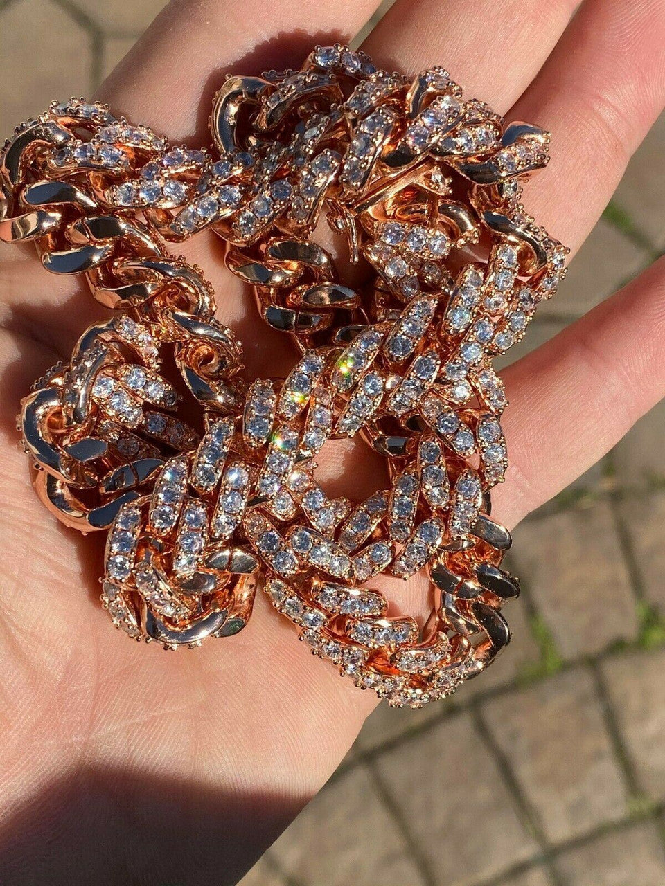 HarlemBling Mens Miami Cuban Link Chain 14k Rose Gold Solid 925 Silver Iced Necklace HEAVY