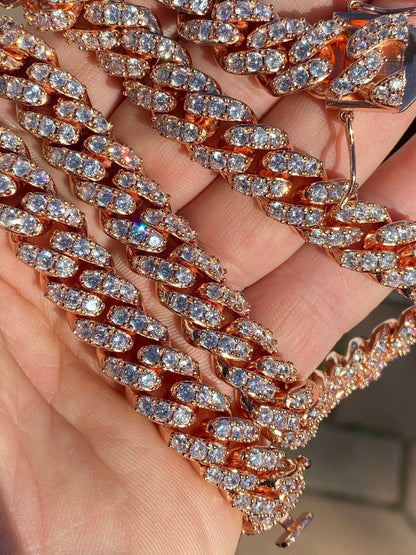 HarlemBling Mens Miami Cuban Link Chain 14k Rose Gold Solid 925 Silver Iced Necklace HEAVY