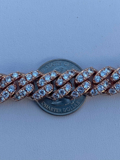 HarlemBling Mens Miami Cuban Link Chain 14k Rose Gold Solid 925 Silver Iced Necklace HEAVY