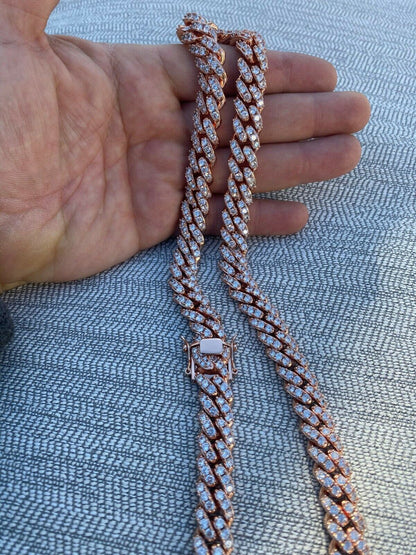 HarlemBling Mens Miami Cuban Link Chain 14k Rose Gold Solid 925 Silver Iced Necklace HEAVY