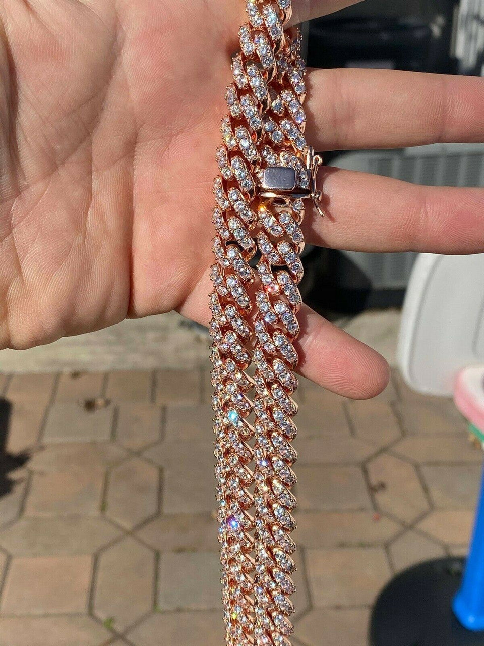 HarlemBling Mens Miami Cuban Link Chain 14k Rose Gold Solid 925 Silver Iced Necklace HEAVY