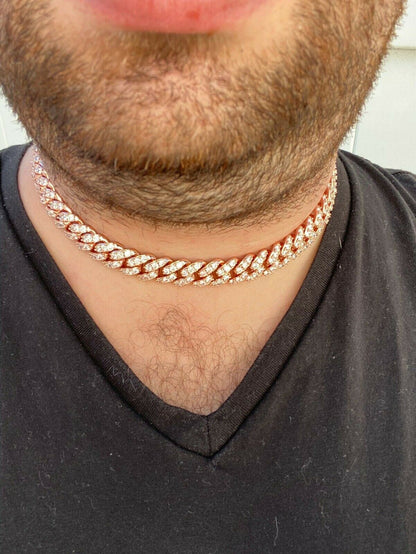 HarlemBling Mens Miami Cuban Link Chain 14k Rose Gold Solid 925 Silver Iced Necklace HEAVY