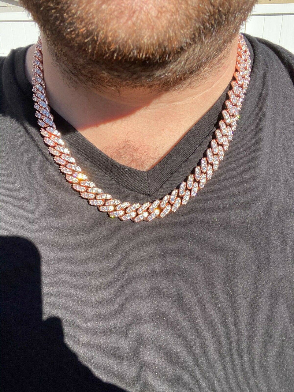 HarlemBling Mens Miami Cuban Link Chain 14k Rose Gold Solid 925 Silver Iced Necklace HEAVY