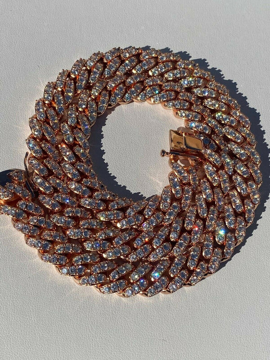 HarlemBling Mens Miami Cuban Link Chain 14k Rose Gold Solid 925 Silver Iced Necklace HEAVY