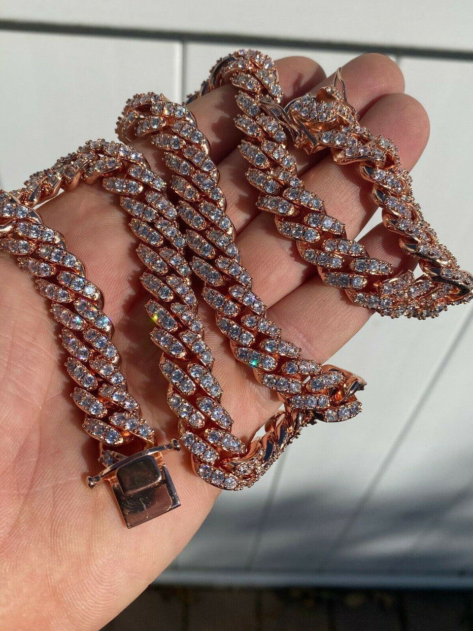 HarlemBling Mens Miami Cuban Link Chain 14k Rose Gold Solid 925 Silver Iced Necklace HEAVY