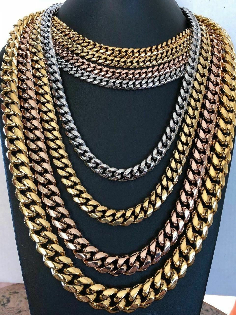 HarlemBling Mens Miami Cuban Link Chain - Gold Plated Stainless Steel 8-18mm Yellow/Rose/White