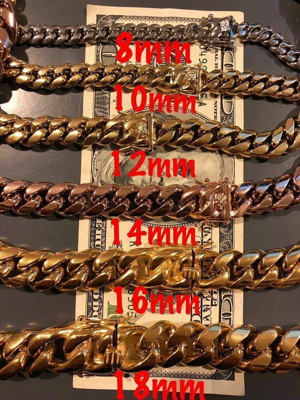 HarlemBling Mens Miami Cuban Link Chain - Gold Plated Stainless Steel 8-18mm Yellow/Rose/White