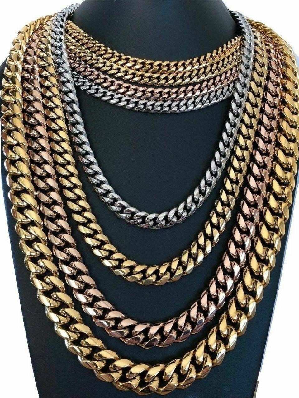 HarlemBling Mens Miami Cuban Link Chain - Gold Plated Stainless Steel 8-18mm Yellow/Rose/White