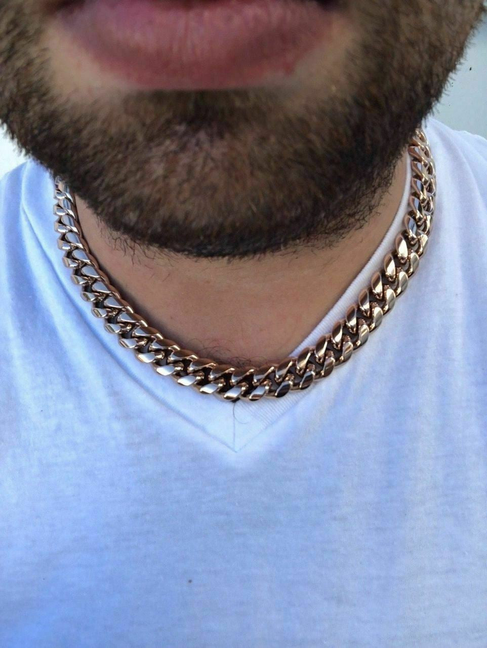 HarlemBling Mens Miami Cuban Link Chain Rose Gold Over Stainless Steel Choker-30 8-18mm