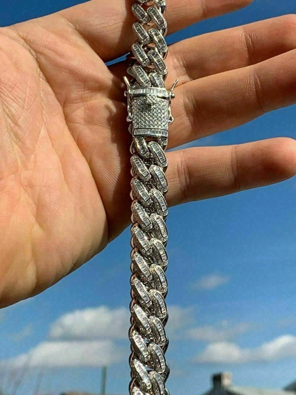 HarlemBling Mens Miami Cuban Link Choker Chain Real Solid 925 Silver Baguette Diamonds 18