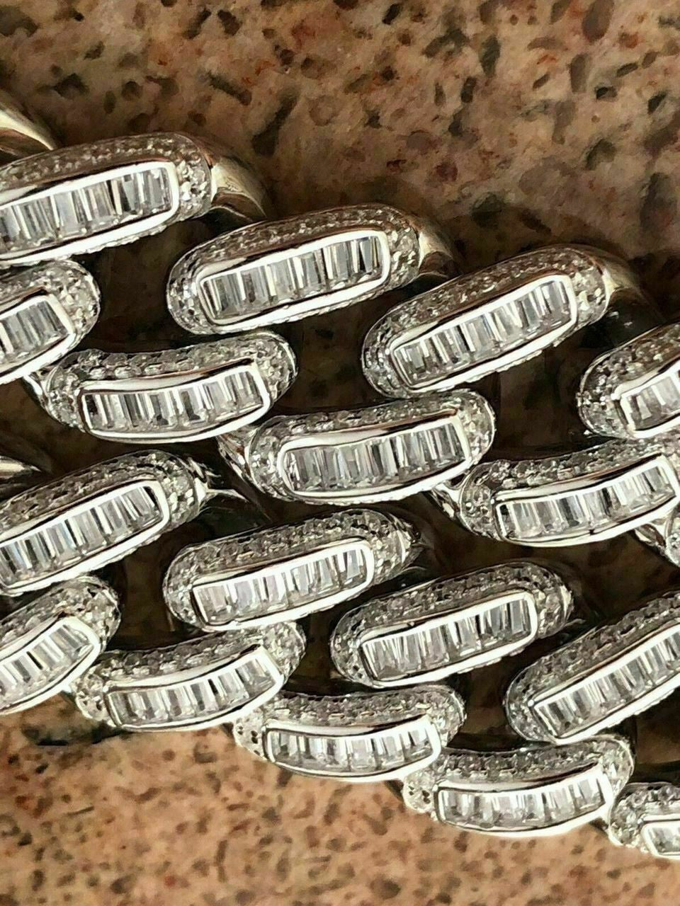 HarlemBling Mens Miami Cuban Link Choker Chain Real Solid 925 Silver Baguette Diamonds 18