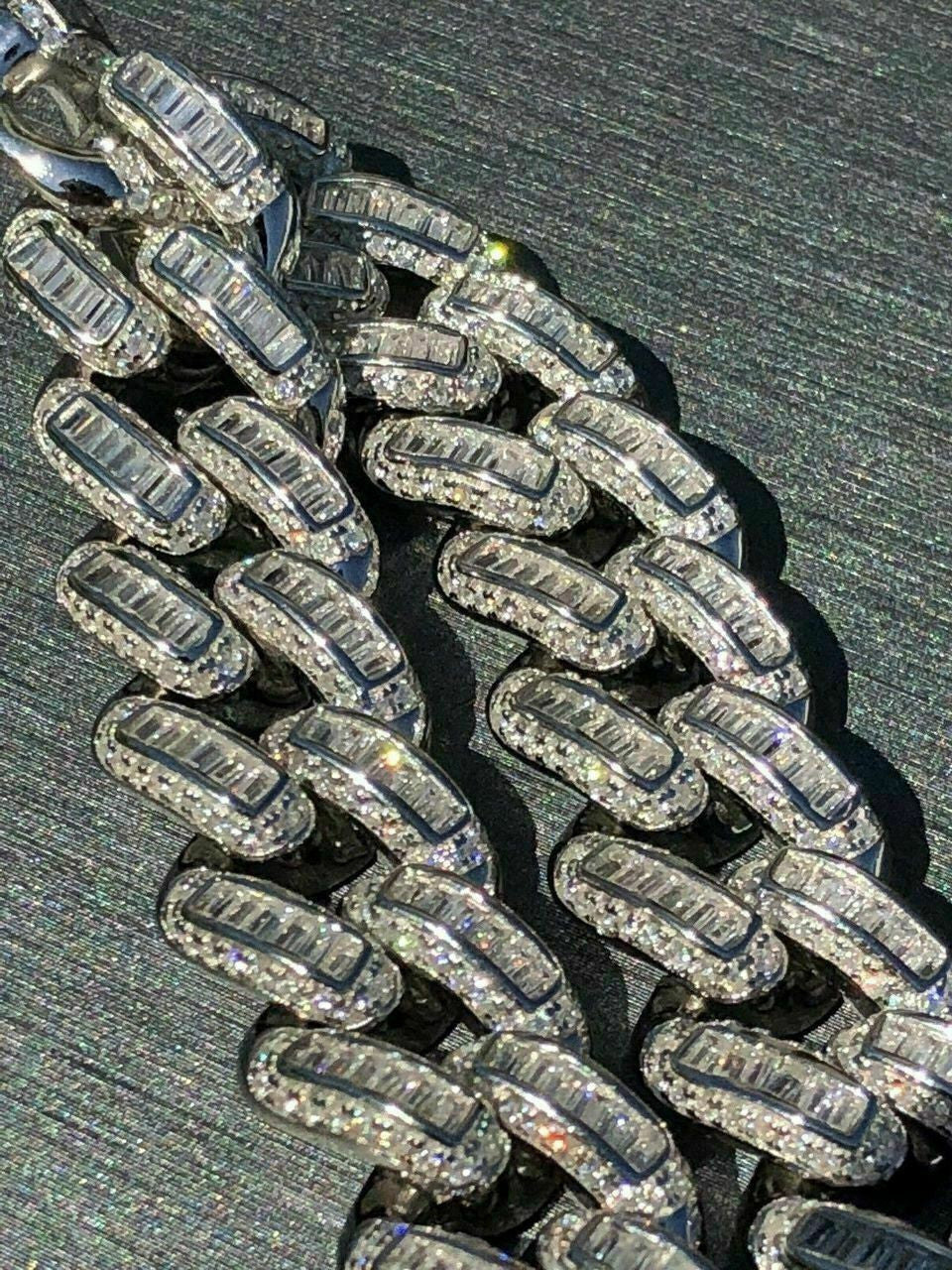 HarlemBling Mens Miami Cuban Link Choker Chain Real Solid 925 Silver Baguette Diamonds 18