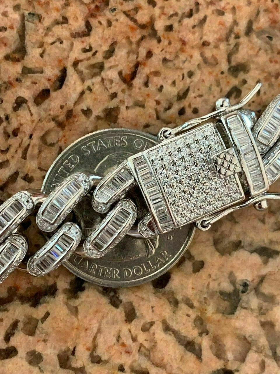 HarlemBling Mens Miami Cuban Link Choker Chain Real Solid 925 Silver Baguette Diamonds 18