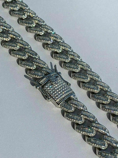 HarlemBling Mens Miami Cuban Link Choker Chain Real Solid 925 Silver Baguette Diamonds 18