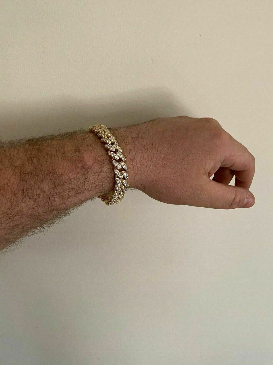 HarlemBling Mens Miami Icy Cuban Bracelet 10k Yellow Gold Over Real 925 Sterling Silver 12mm