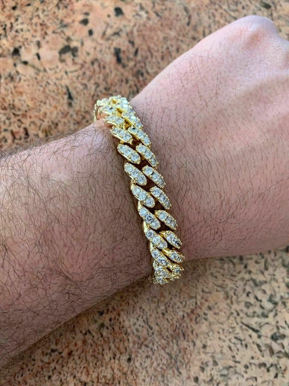 HarlemBling Mens Miami Icy Cuban Bracelet 10k Yellow Gold Over Real 925 Sterling Silver 12mm