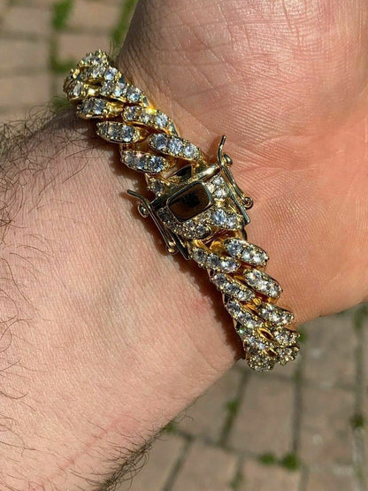 HarlemBling Mens Miami Icy Cuban Bracelet 10k Yellow Gold Over Real 925 Sterling Silver 12mm