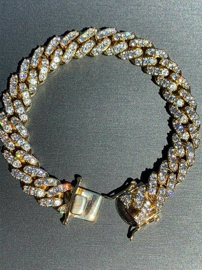 HarlemBling Mens Miami Icy Cuban Bracelet 10k Yellow Gold Over Real 925 Sterling Silver 12mm