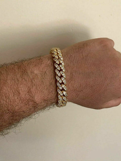 HarlemBling Mens Miami Icy Cuban Bracelet 10k Yellow Gold Over Real 925 Sterling Silver 12mm