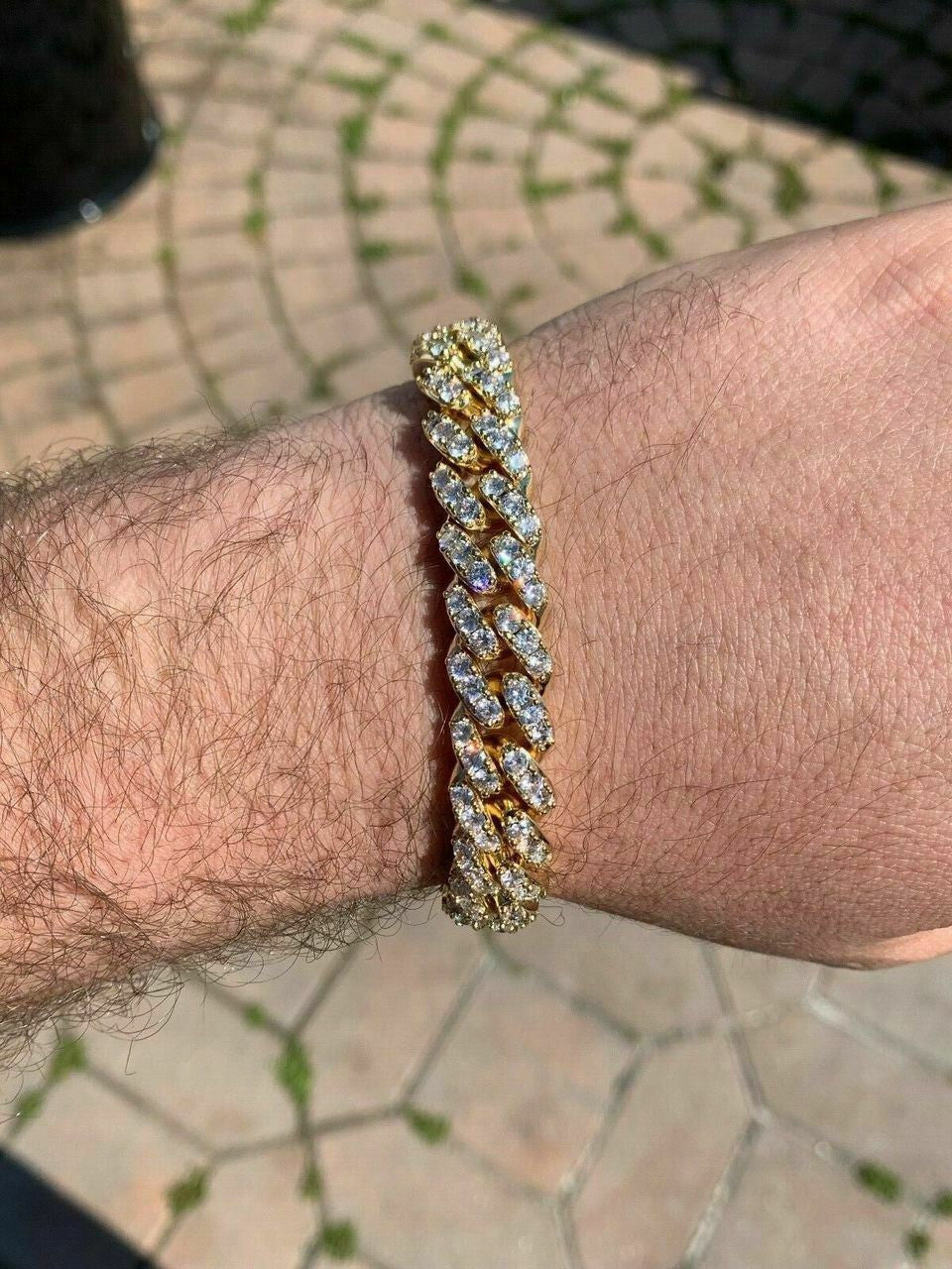 HarlemBling Mens Miami Icy Cuban Bracelet 10k Yellow Gold Over Real 925 Sterling Silver 12mm