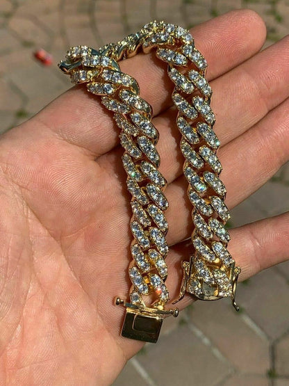 HarlemBling Mens Miami Icy Cuban Bracelet 10k Yellow Gold Over Real 925 Sterling Silver 12mm