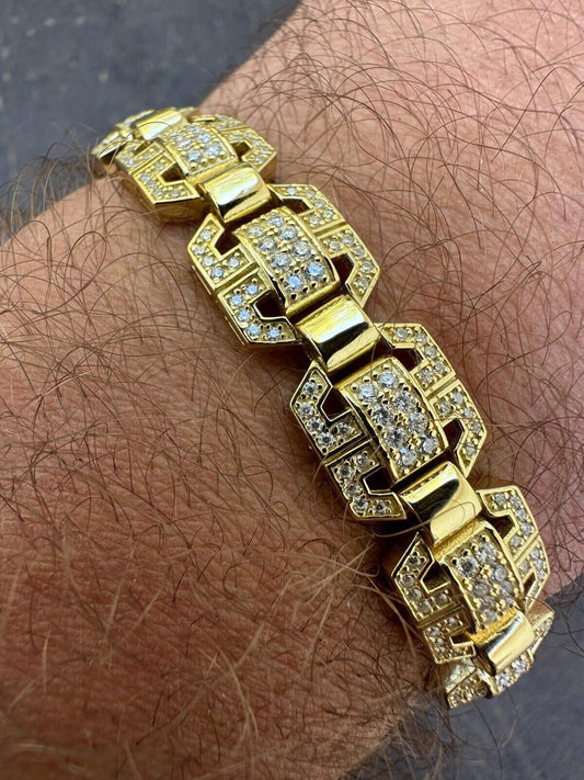 HarlemBling Mens Moissanite Custom Link 14k Gold Plated Real 925 Sterling Silver Bracelet