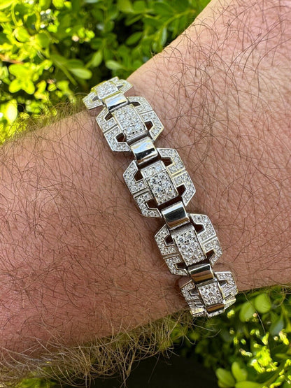 HarlemBling Mens Moissanite Custom Link Real 925 Sterling Silver Bracelet Passes Tester