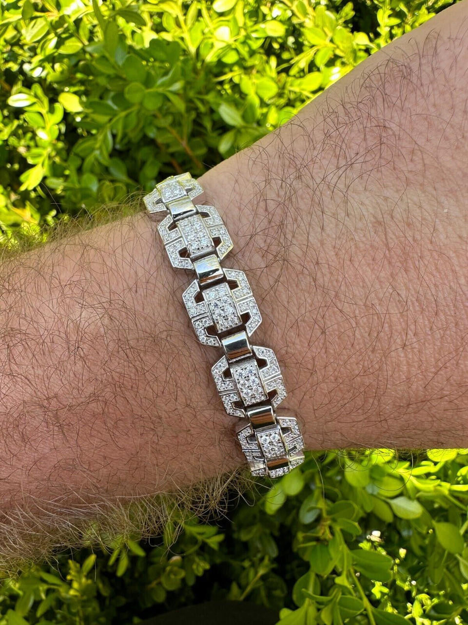 HarlemBling Mens Moissanite Custom Link Real 925 Sterling Silver Bracelet Passes Tester