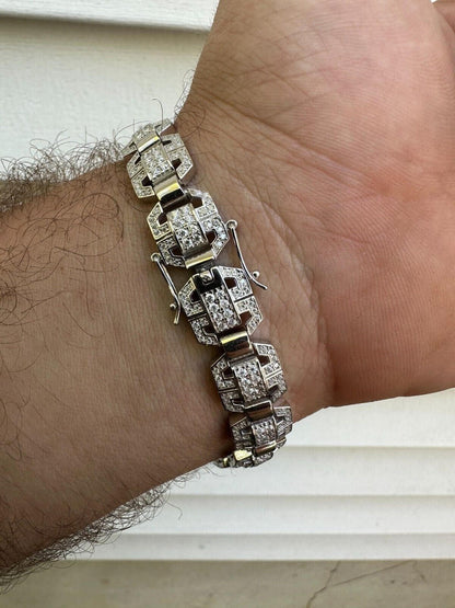 HarlemBling Mens Moissanite Custom Link Real 925 Sterling Silver Bracelet Passes Tester