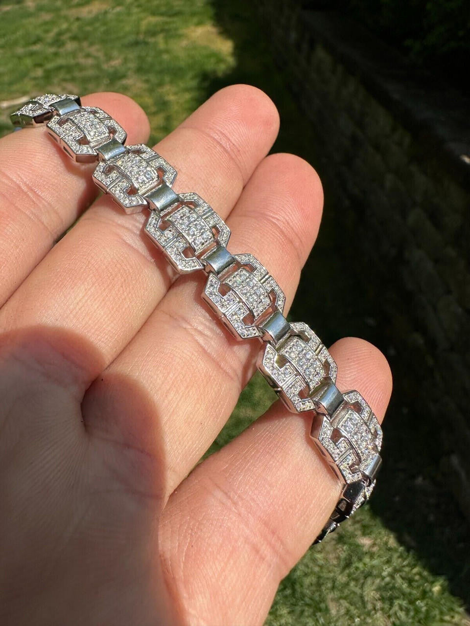 HarlemBling Mens Moissanite Custom Link Real 925 Sterling Silver Bracelet Passes Tester