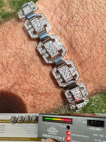 HarlemBling Mens Moissanite Custom Link Real 925 Sterling Silver Bracelet Passes Tester
