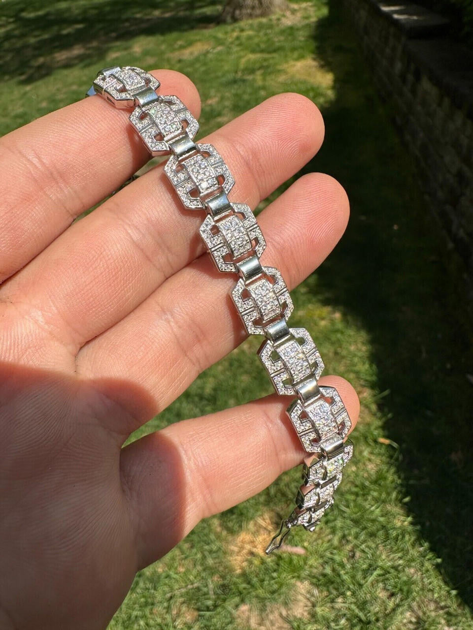 HarlemBling Mens Moissanite Custom Link Real 925 Sterling Silver Bracelet Passes Tester