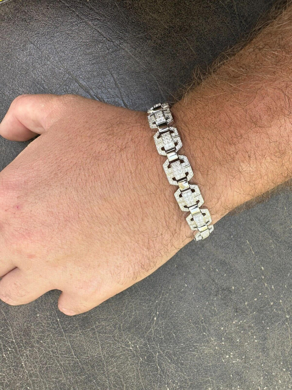 HarlemBling Mens Moissanite Custom Link Real 925 Sterling Silver Bracelet Passes Tester