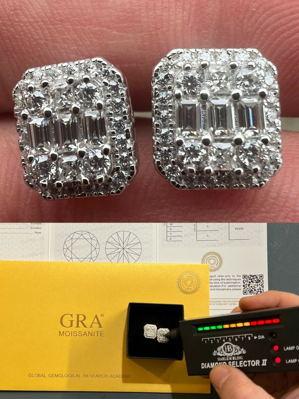 HarlemBling Mens Moissanite Iced Silver Baguette Hip Hop Earrings Studs Pass Diamond Tester