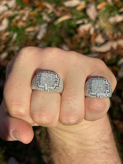 HarlemBling Mens MOISSANITE Ring Real Solid 925 Silver Hip Hop Iced Pass Diamond Test Pinky