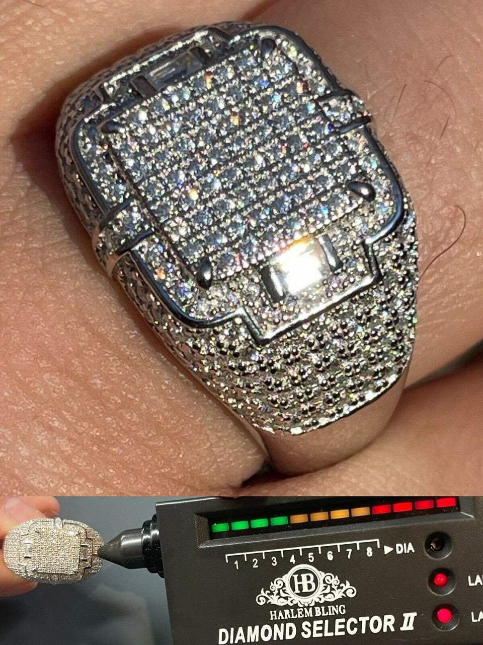 HarlemBling Mens MOISSANITE Ring Real Solid 925 Silver Hip Hop Iced Pass Diamond Test Pinky