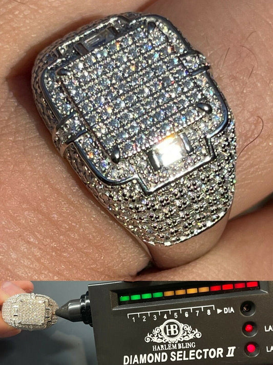 HarlemBling Mens MOISSANITE Ring Real Solid 925 Silver Hip Hop Iced Pass Diamond Test Pinky
