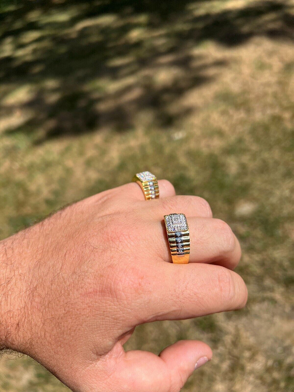 HarlemBling Mens MOISSANITE Ring14k Gold Plated Square Real 925 Silver Iced Pinky Hip Hop