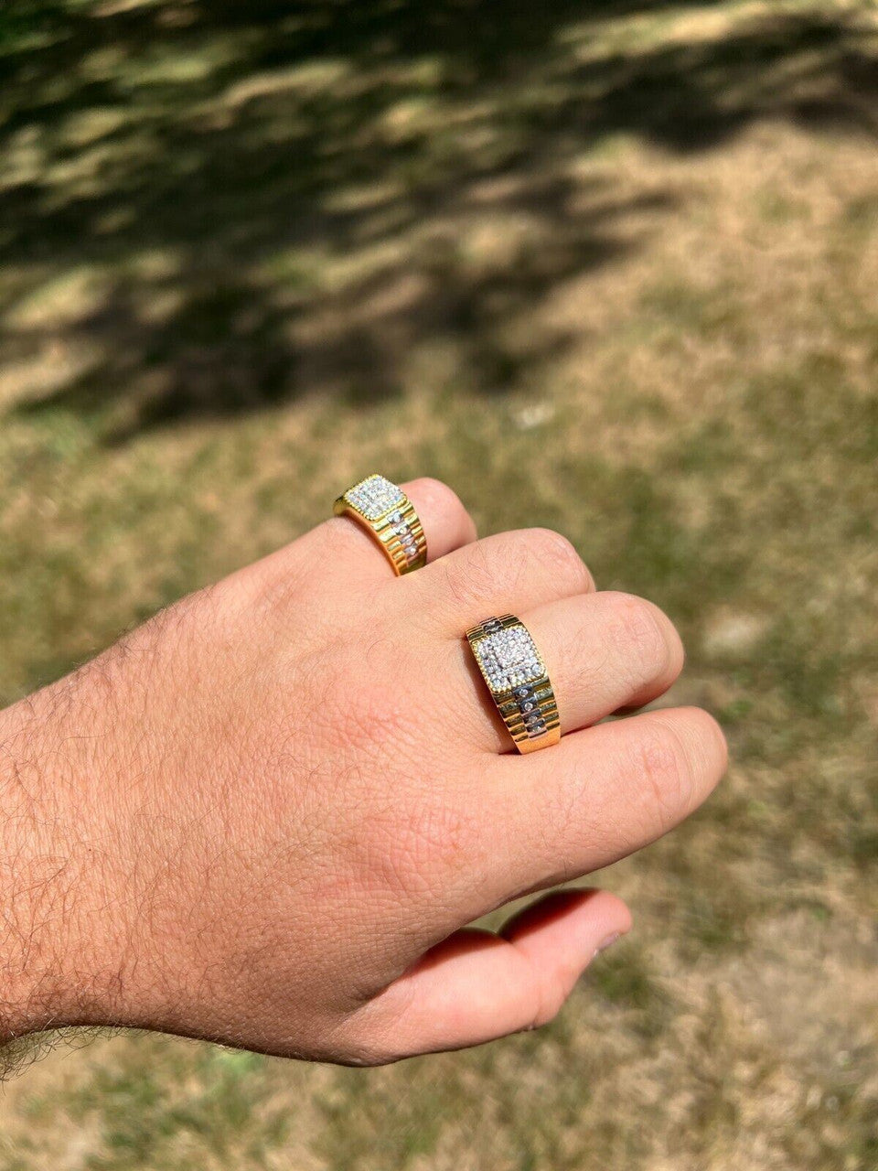 HarlemBling Mens MOISSANITE Ring14k Gold Plated Square Real 925 Silver Iced Pinky Hip Hop