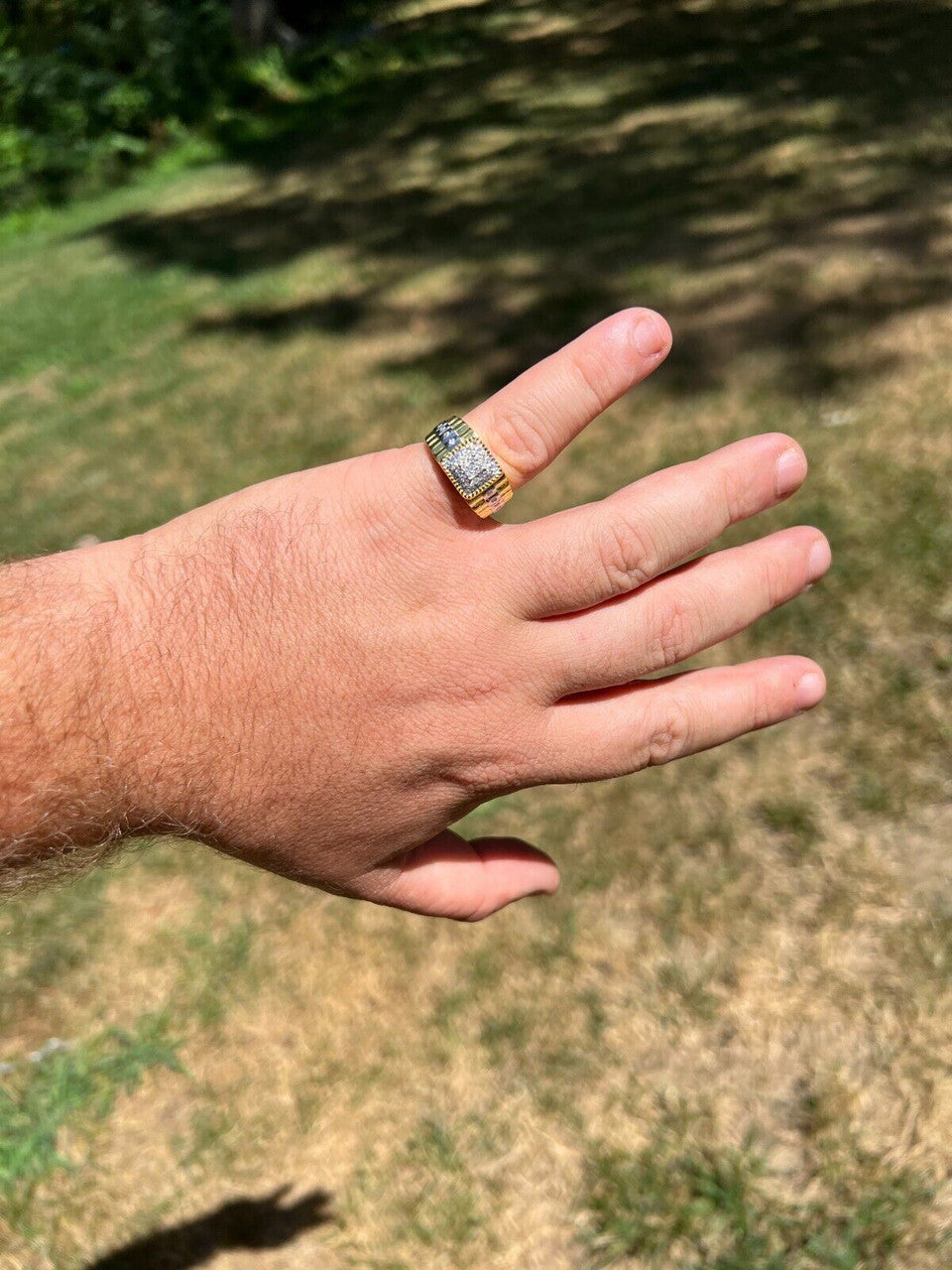 HarlemBling Mens MOISSANITE Ring14k Gold Plated Square Real 925 Silver Iced Pinky Hip Hop