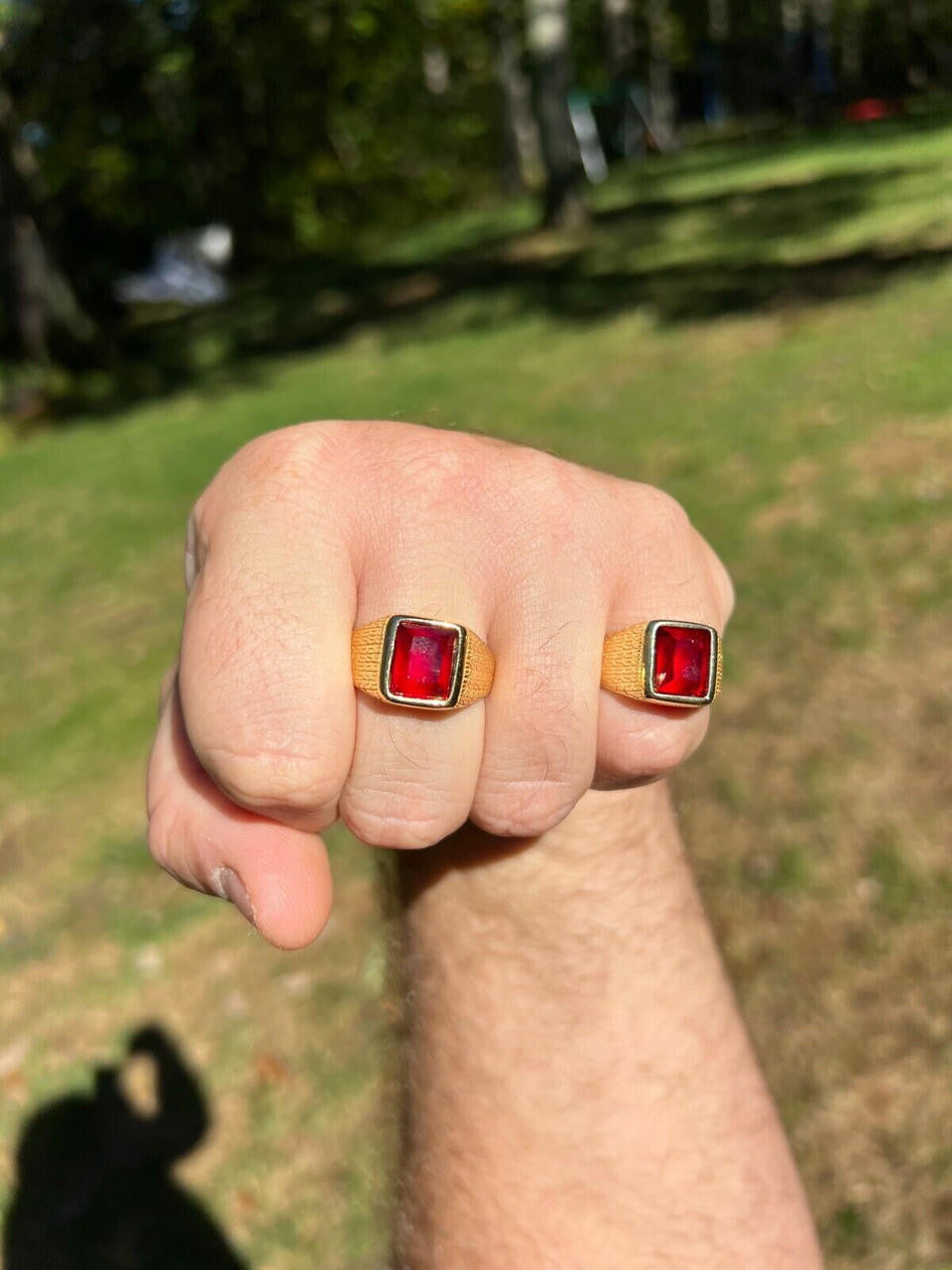 HarlemBling Mens Plain Real 14k Gold Plated 925 Silver Simulated Ruby Red Gem Stone Ring CZ