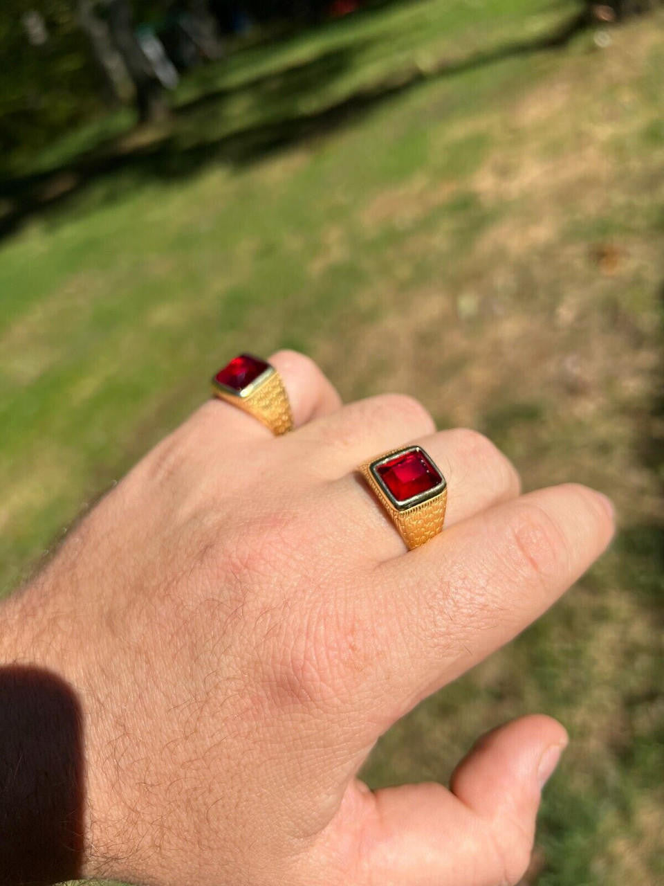 HarlemBling Mens Plain Real 14k Gold Plated 925 Silver Simulated Ruby Red Gem Stone Ring CZ