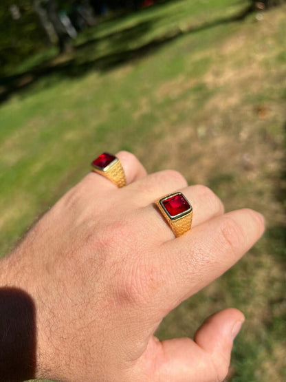 HarlemBling Mens Plain Real 14k Gold Plated 925 Silver Simulated Ruby Red Gem Stone Ring CZ