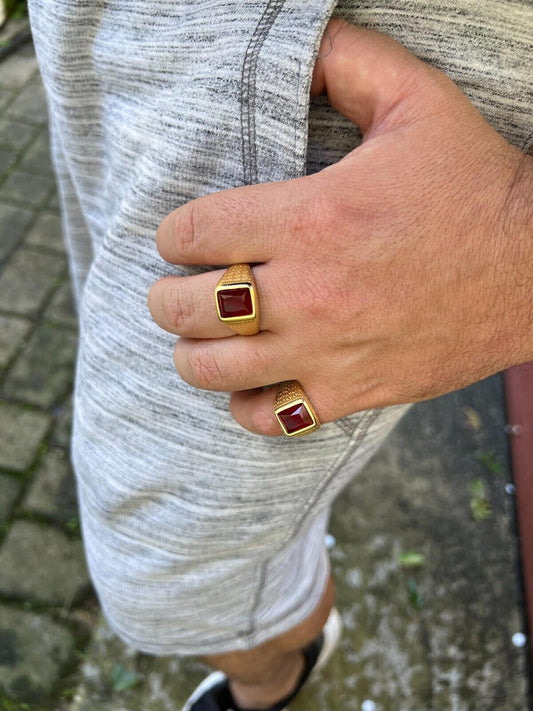 HarlemBling Mens Plain Real 14k Gold Plated 925 Silver Simulated Ruby Red Gem Stone Ring CZ