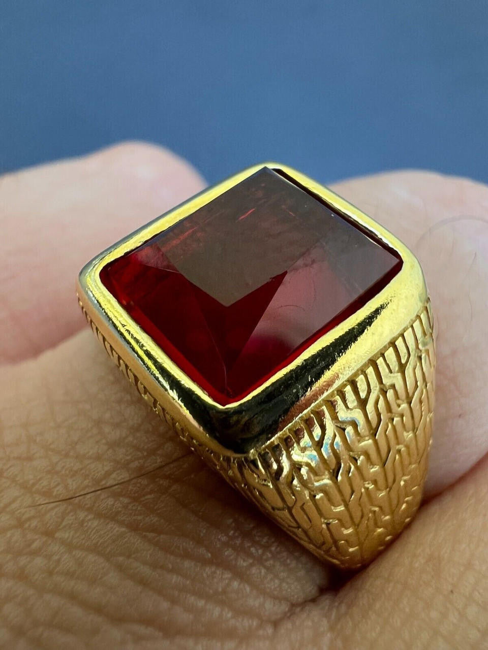 HarlemBling Mens Plain Real 14k Gold Plated 925 Silver Simulated Ruby Red Gem Stone Ring CZ