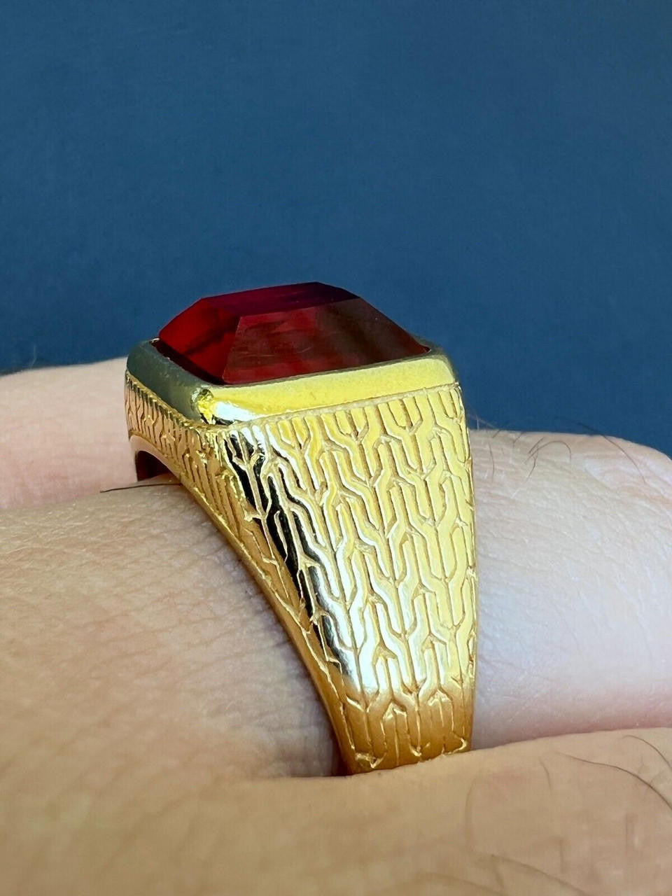 HarlemBling Mens Plain Real 14k Gold Plated 925 Silver Simulated Ruby Red Gem Stone Ring CZ