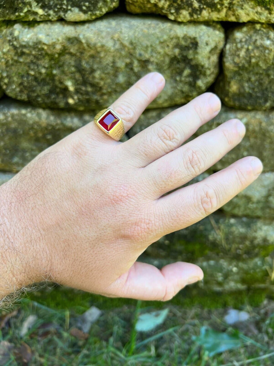 HarlemBling Mens Plain Real 14k Gold Plated 925 Silver Simulated Ruby Red Gem Stone Ring CZ