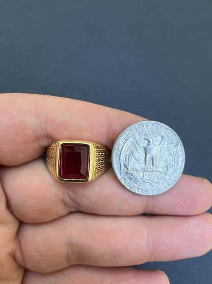 HarlemBling Mens Plain Real 14k Gold Plated 925 Silver Simulated Ruby Red Gem Stone Ring CZ