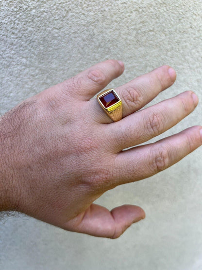 HarlemBling Mens Plain Real 14k Gold Plated 925 Silver Simulated Ruby Red Gem Stone Ring CZ