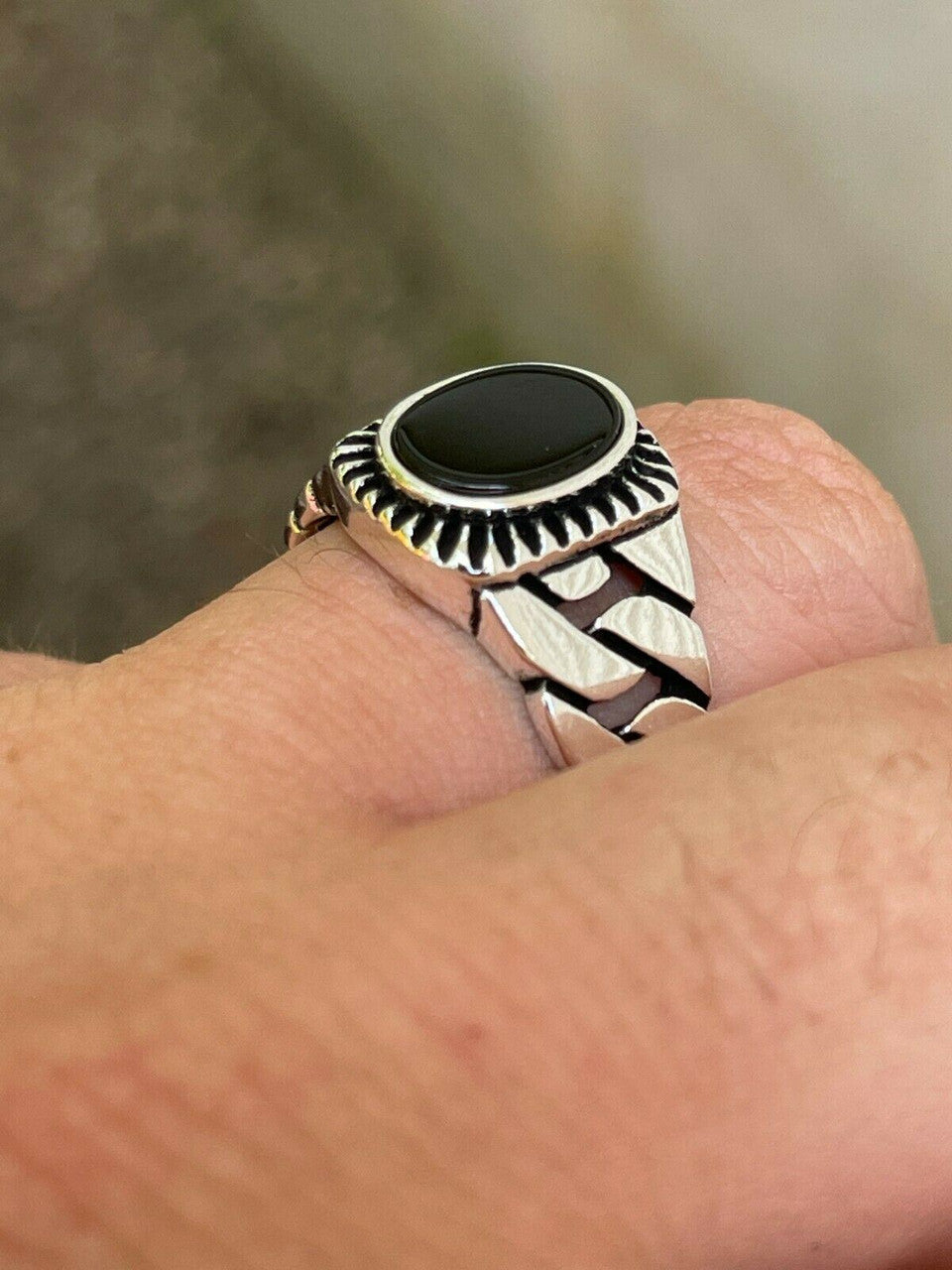 HarlemBling Mens Plain Real 925 Sterling Silver Black Onyx Stone Ring Miami Cuban Link Band